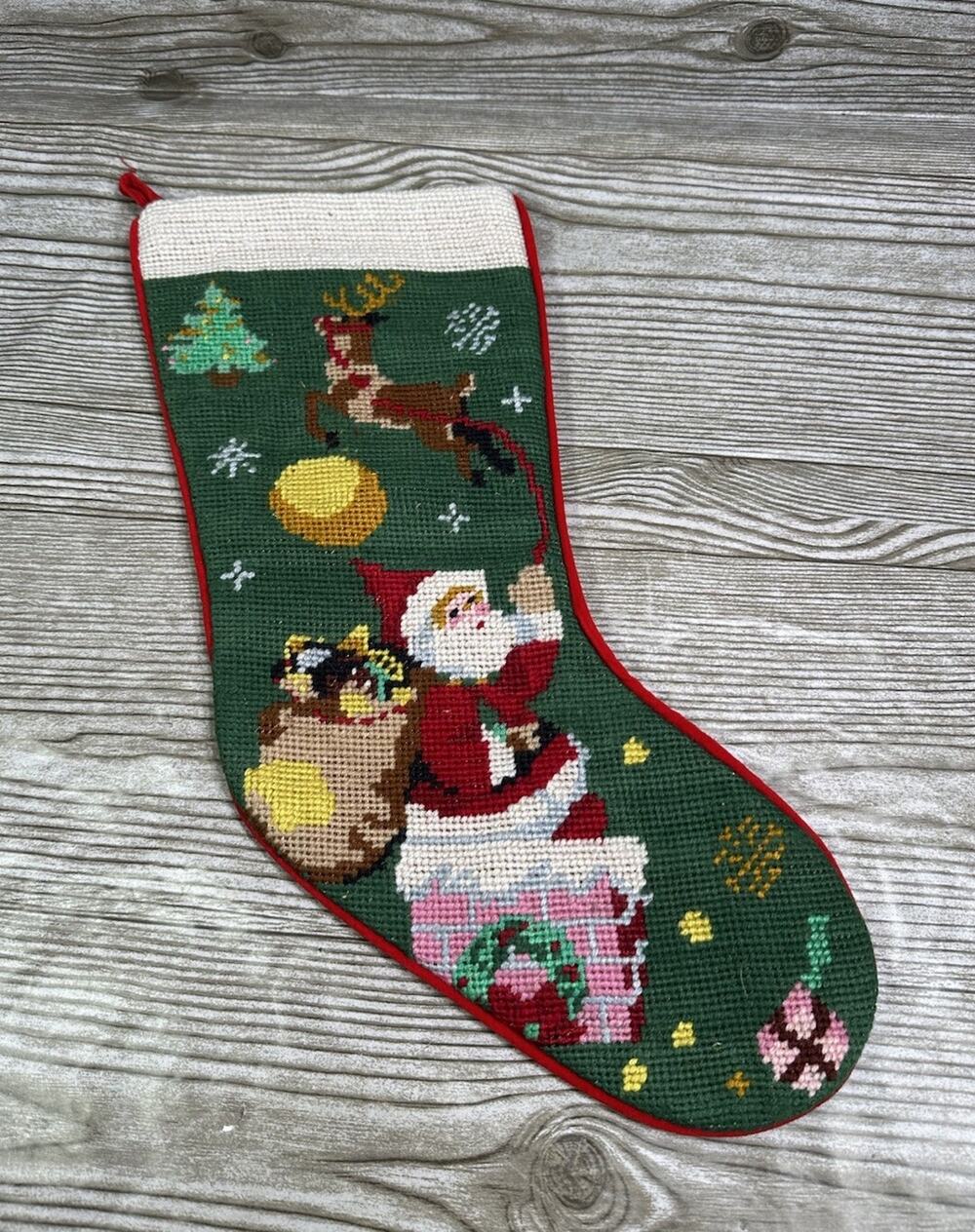 Vintage Unbranded Wool Needlepoint Santa Reindeer Christmas Stocking 17”